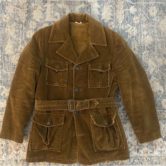Vintage 1970’s corduroy belted men’s sporting jacket small 38/40 with faux fur - Picture 1 of 6